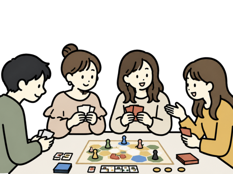 カフェのテーブルでカードゲームを楽しむグループ